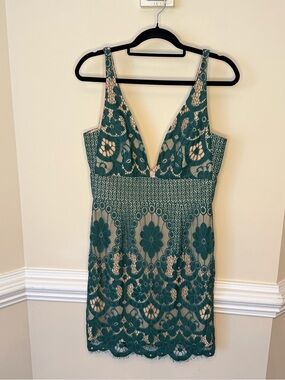 Minuet Petite Teal Lace Plunge V-Neck Mini Dress